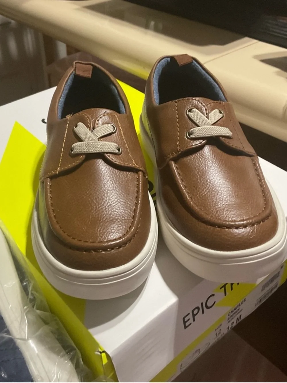 Epic Threads Brown Slip-On Kids Dress Shoes with White Sole